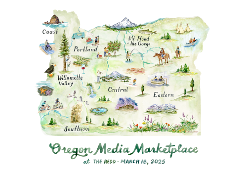 A painted image of Oregon with landmarks and cities featured. This is a logo for the Oregon Media Marketplace.